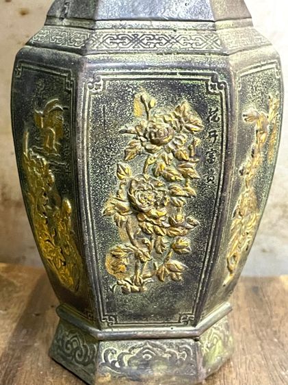 แจกัน หกเหลี่ยม ทองเหลือง ลงเขียวปัดทองสะสมA18 รูปที่ 13