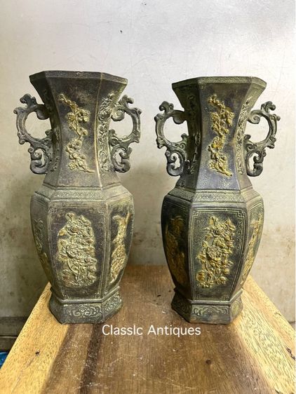 แจกัน หกเหลี่ยม ทองเหลือง ลงเขียวปัดทองสะสมA18 รูปที่ 5