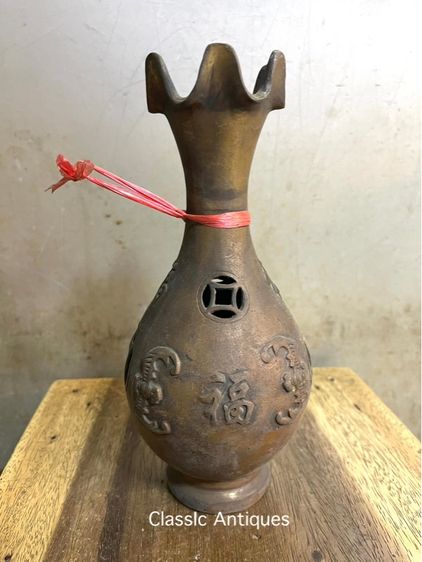 แจกัน ค้างคาวจีน คาบเหรียญ ทองเหลืองสะสมA21 รูปที่ 10