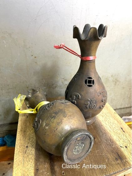 แจกัน ค้างคาวจีน คาบเหรียญ ทองเหลืองสะสมA21 รูปที่ 5