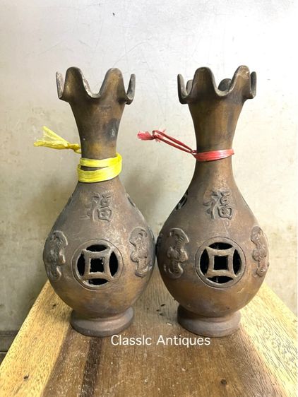 แจกัน ค้างคาวจีน คาบเหรียญ ทองเหลืองสะสมA21 รูปที่ 4