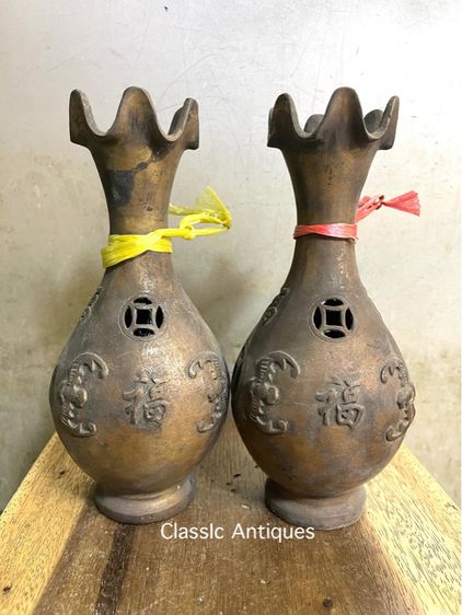 แจกัน ค้างคาวจีน คาบเหรียญ ทองเหลืองสะสมA21 รูปที่ 3