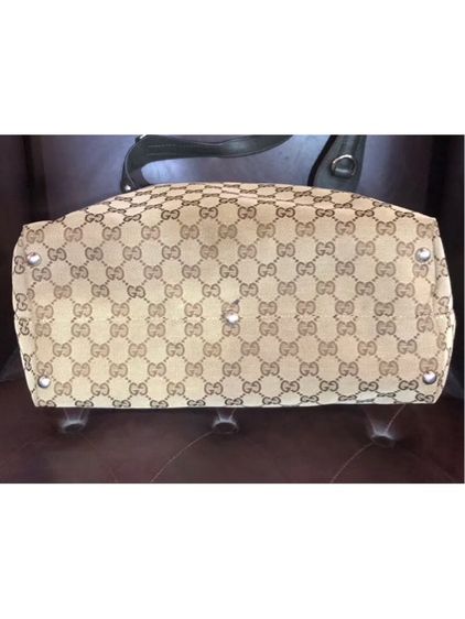 กุชชี่ กระเป๋าสะพายข้าง Gucci GG canvas สีน้ำตาลดำ x หนังสีเบจ แต่งโลหะสีเงิน tote 229852 รับประกันของแท้  รูปที่ 5