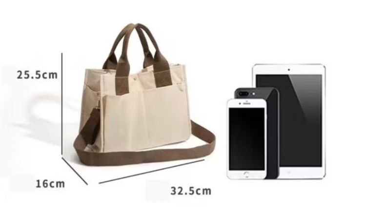 กระเป๋าสีครีมผ้าแคนวาสหลายช่อง รูปที่ 3