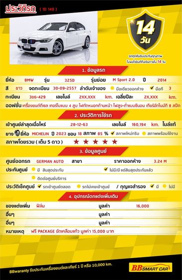BMW Series 3 2014 325d Sedan ดีเซล ไม่ติดแก๊ส เกียร์อัตโนมัติ ขาว รูปที่ 2