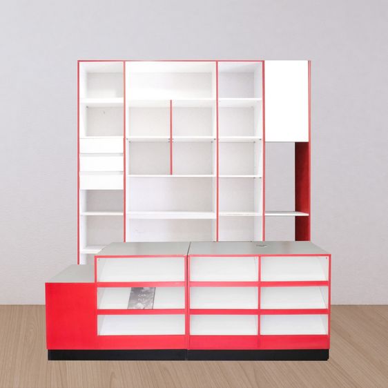 เคาน์เตอร์มินิมาร์ท เคาน์เตอร์คิดเงิน เคาน์เตอร์ร้านค้า สีขาวแดง 1 เซ็ต มี 3 ชิ้น