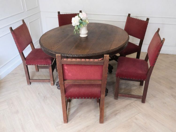 ชุดโต๊ะกลมเก้าอี้ 5ตัว เบาะผ้า สีแดง สไตล์วินเทจ งานยุโรปมาจากเยอรมนี รูปที่ 6