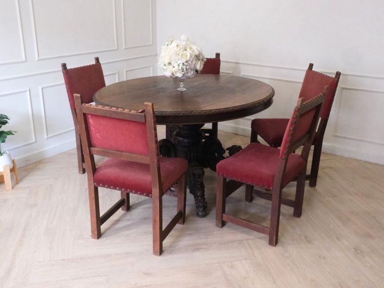 ชุดโต๊ะกลมเก้าอี้ 5ตัว เบาะผ้า สีแดง สไตล์วินเทจ งานยุโรปมาจากเยอรมนี รูปที่ 3