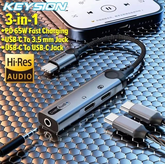 KEYSION หูฟัง3 In 1 Type C ถึง3.5มม. ตัวแปลงสัญญาณเสียงดิจิตอลเป็นอานาล็อกหูฟังคู่ประเภท C อะแดปเตอร์เชื่อมหูฟัง PD60W 