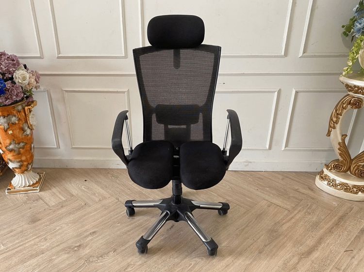 เก้าอี้สำนักงานเพื่อสุขภาพ เบาะผ้า ขาเหล็ก พนักพิงตาข่าย สีดำ รูปที่ 2