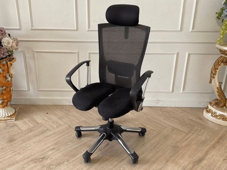 ผ้าฝ้าย เก้าอี้สำนักงานเพื่อสุขภาพ เบาะผ้า ขาเหล็ก พนักพิงตาข่าย สีดำ