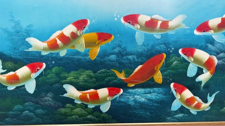 ภาพสีน้ำมัน รูปปลาคราฟ 9 ตัว ในบ่อบัว พร้อมลายเซ็น  รูปที่ 6