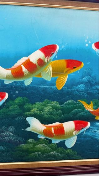 ภาพสีน้ำมัน รูปปลาคราฟ 9 ตัว ในบ่อบัว พร้อมลายเซ็น  รูปที่ 3