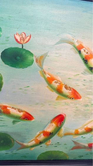 ภาพสีน้ำมัน รูปปลาคราฟ 9 ตัว ในบ่อบัว พร้อมลายเซ็น ศิลปินในกรอบสวยงาม รูปที่ 3