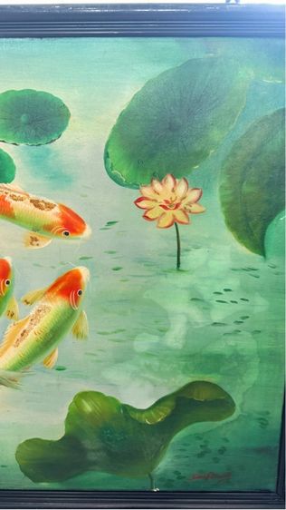 ภาพสีน้ำมัน รูปปลาคราฟ 9 ตัว ในบ่อบัว พร้อมลายเซ็น ศิลปินในกรอบสวยงาม รูปที่ 5