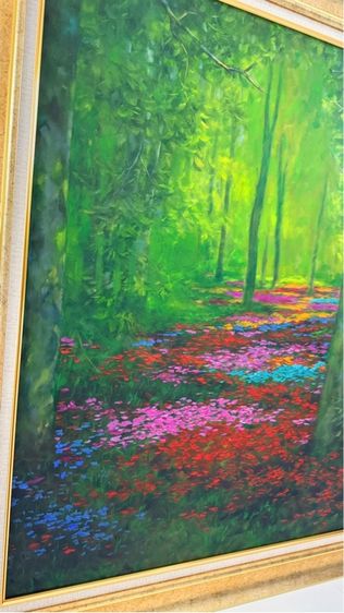 ภาพวาดสีน้ำมัน ของดอกไม้นานาพรรณในป่าเขียวขจี บนเฟรมผ้าใบ พร้อมกรอบทอง รูปที่ 3