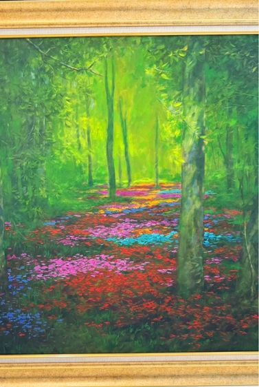 ภาพวาดสีน้ำมัน ของดอกไม้นานาพรรณในป่าเขียวขจี บนเฟรมผ้าใบ พร้อมกรอบทอง รูปที่ 2