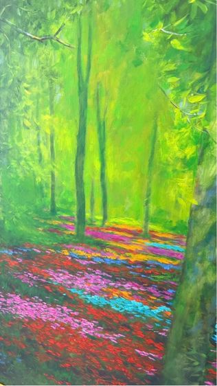 ภาพวาดสีน้ำมัน ของดอกไม้นานาพรรณในป่าเขียวขจี บนเฟรมผ้าใบ พร้อมกรอบทอง รูปที่ 6