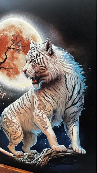 White Tiger In Moonlight Technical image of sandblasting on fabric เสือขาวในแสงจันทร์  รูปที่ 4