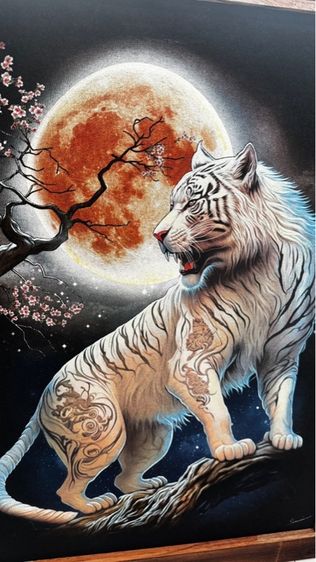 White Tiger In Moonlight Technical image of sandblasting on fabric เสือขาวในแสงจันทร์  รูปที่ 2