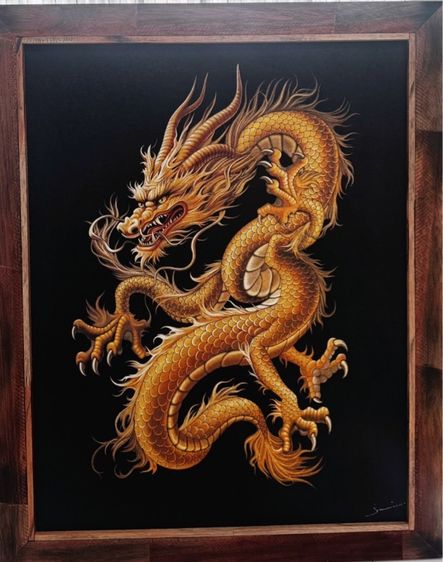 รูปติดผนัง Golden Dragon Technical image of sandblasting on fabric ภาพมังกรทองเทคนิคงานพ่นทรายบนผ้า