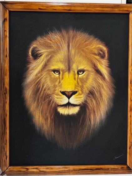 รูปติดผนัง Golden Lion Technical image of sandblasting on fabric ภาพสิงโตทอง เทคนิคงานพ่นทรายในกรอบไม้ 