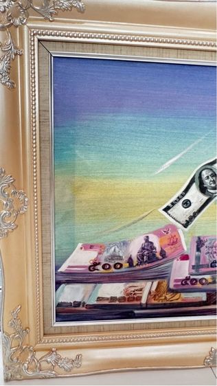 ภาพวาดสีน้ำมันรูปธนบัตรต่างๆOil painting of various banknotes from many countries on canvas  รูปที่ 2