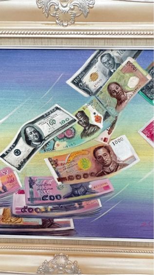ภาพวาดสีน้ำมันรูปธนบัตรต่างๆOil painting of various banknotes from many countries on canvas  รูปที่ 3