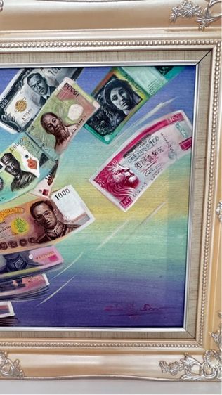 ภาพวาดสีน้ำมันรูปธนบัตรต่างๆOil painting of various banknotes from many countries on canvas  รูปที่ 4