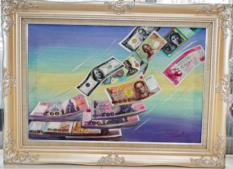 รูปติดผนัง ภาพวาดสีน้ำมันรูปธนบัตรต่างๆOil painting of various banknotes from many countries on canvas 