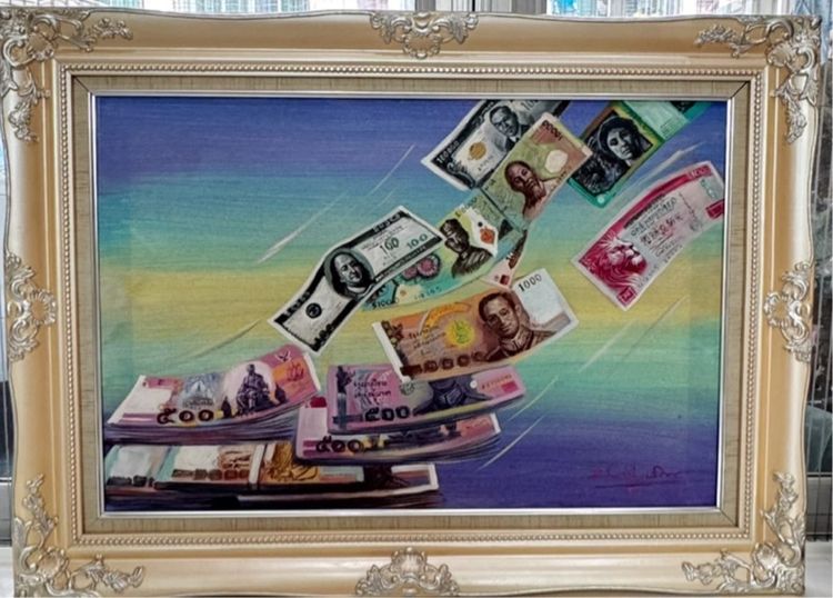 ภาพวาดสีน้ำมันรูปธนบัตรต่างๆOil painting of various banknotes from many countries on canvas  รูปที่ 8