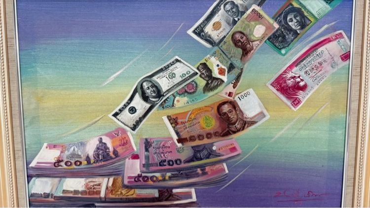 ภาพวาดสีน้ำมันรูปธนบัตรต่างๆOil painting of various banknotes from many countries on canvas  รูปที่ 7