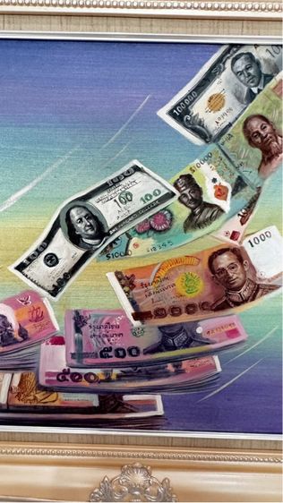 ภาพวาดสีน้ำมันรูปธนบัตรต่างๆOil painting of various banknotes from many countries on canvas  รูปที่ 5