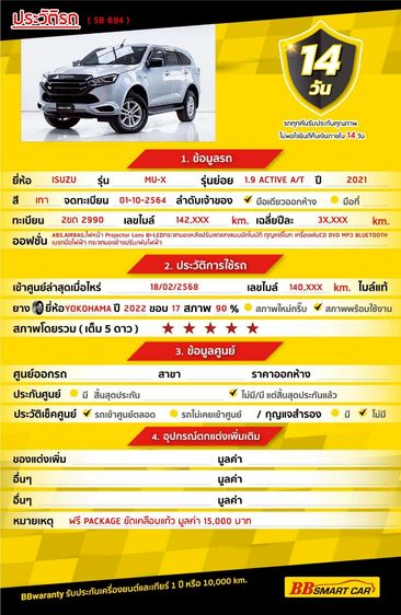 Isuzu MU-X 2021 1.9 Active 2WD Utility-car ดีเซล ไม่ติดแก๊ส เกียร์อัตโนมัติ เทา รูปที่ 2