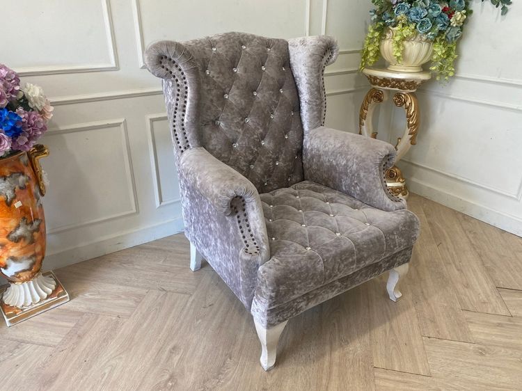 เก้าอี้อาร์มแชร์ ดึงกระดุม เบาะผ้า โครงไม้ สีเทา รูปที่ 8