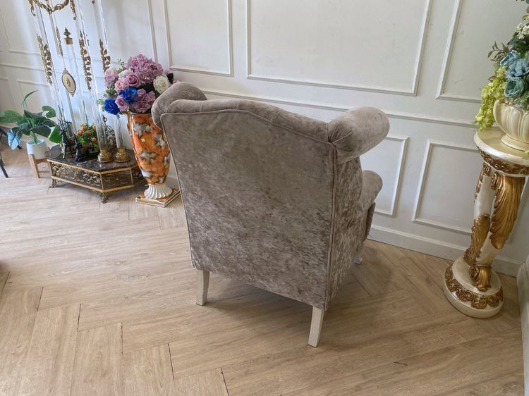 เก้าอี้อาร์มแชร์ ดึงกระดุม เบาะผ้า โครงไม้ สีเทา รูปที่ 11