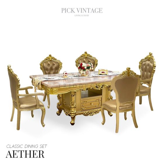 อื่นๆ ไม้ AETHER Luxury Baroque Dining Set ชุดโต๊ะอาหารสไตล์บาร็อค หลุยส์ สีทอง 6ที่นั่ง รุ่น อีเธอร์