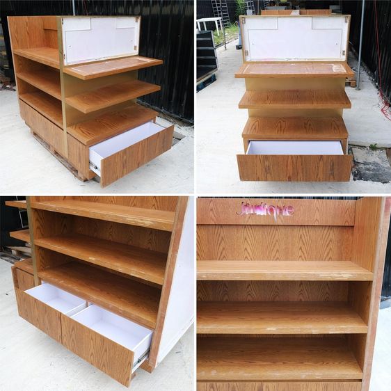 ชั้นไม้วางสินค้า แบบ 3 ด้าน 3 ชั้นวาง โครงไม้สีน้ำตาลลายไม้ มี 5 ลิ้นชักเก็บของ รูปที่ 6