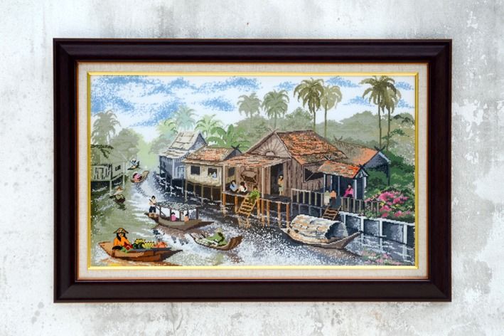 ขายภาพปักครอสติซ handmade ภาพวิว บ้านริมคลองชนบท ราคา 18,000.- บาท