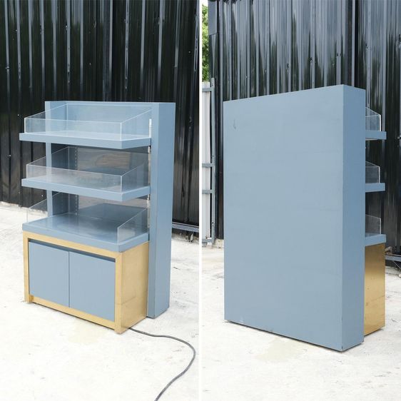 ชั้นวางสินค้า 3 ชั้นปรับระดับได้ มีตู้เก็บของ โครงไม้สีเทาอมฟ้า ขอบสแตนเลสสีทอง รูปที่ 2