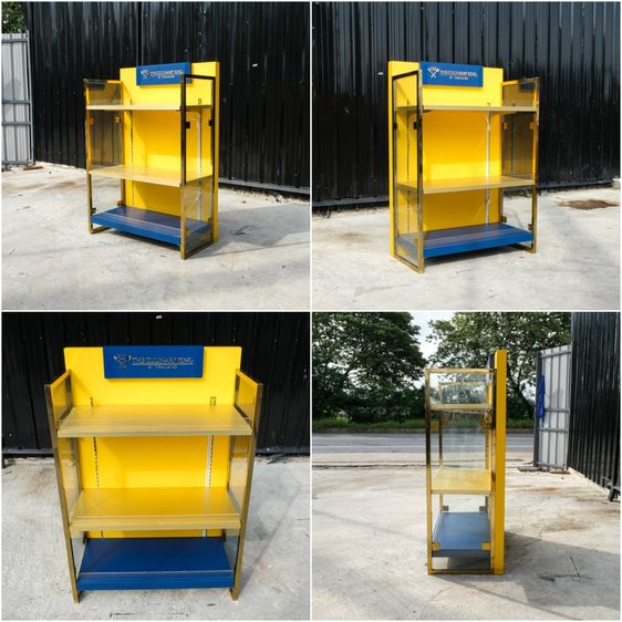 ชั้นวางสินค้า 3 ชั้นปรับระดับได้ สีเหลือง-น้ำเงิน โครงสแตนเลสสีทอง ติดกระจกด้านข้าง รูปที่ 5
