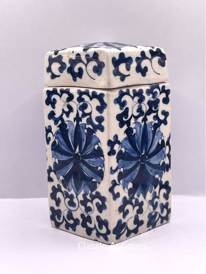 กระบอก กังไสลายคราม ลายดอกโบตั๋น เก่าโบราณสะสม