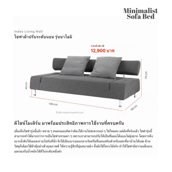 เทา 4 ที่นั่ง โซฟาเบด โซฟาผ้า ปรับนอนได้ รุ่นนาโอมิ จาก Index Living Mall