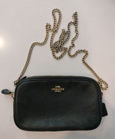 Used COACH Crossbody สะพายข้างหญิง 2 ซิป หนังทั้งใบ สีดำ สายโซ่ทอง 