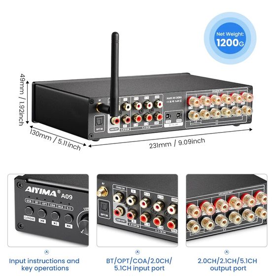 AiYiMA A09 เครื่องขยายเสียงซับวูฟเฟอร์ อัพเกรด TPA3116 HiFi บลูทูธ 5.0 5.1 50Wx6 รูปที่ 6