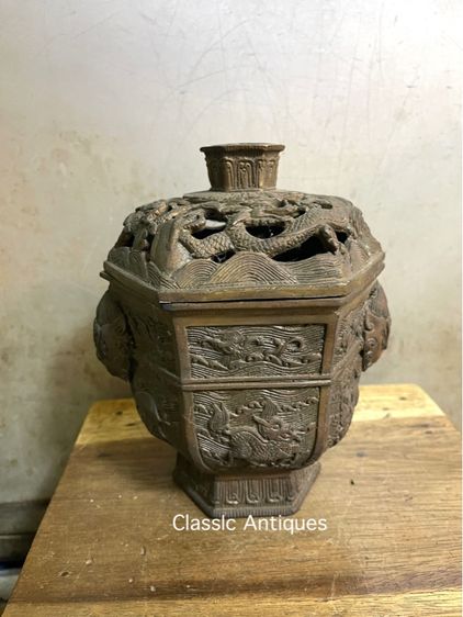 กระถาง กำยาน มังกร หกเหลี่ยม ทองเหลือง สะสม รูปที่ 8