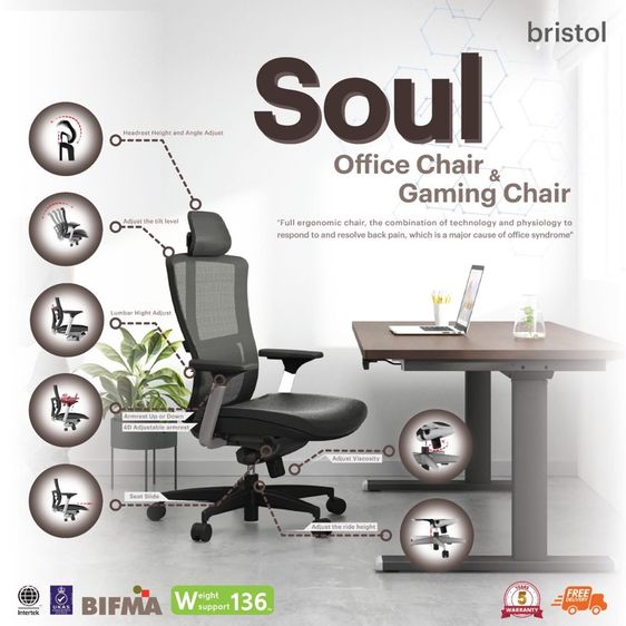 เก้าอี้สำนักงาน Bristol Sou Ergonomic chair รูปที่ 11