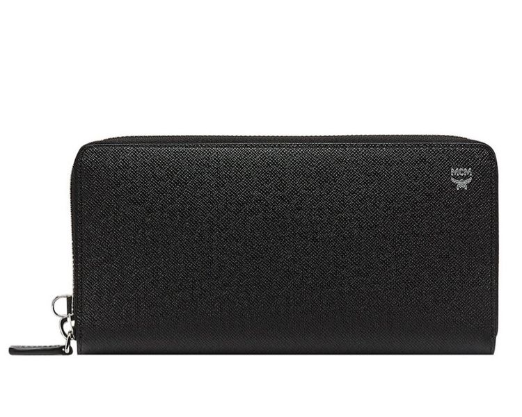 หญิง ดำ กระเป๋าสตางค์ ซิปรอบ MCM รุ่น New Bric Zip Wallet with Wrist Strap in Embossed Leather ของแท้