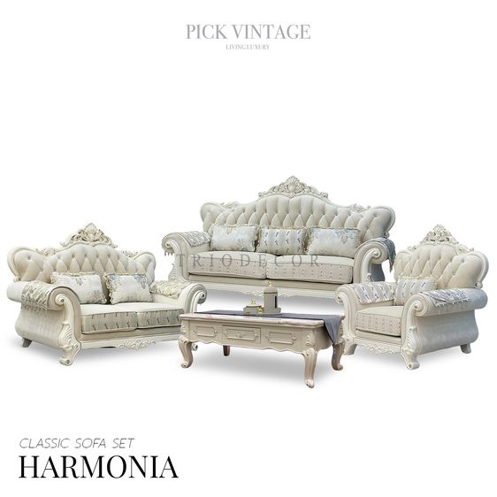 ผ้า ขาว 4+ ที่นั่ง HARMONIA CLASSIC SOFA SET ชุดโซฟาหลุยส์ 3ชิ้น 3+2+1ที่นั่ง พร้อมหมอนอิงและโต๊ะกลางสุดหรู รุ่น ฮาร์โมเนีย