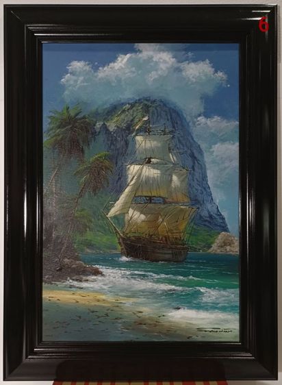 ภาพวาดสีอะคลิลิคบนผืนผ้าใบ(Acrylic on Canvas) ภาพวาดจริง Original ชื่อภาพ"เรือสำเภาที่ชายฝั่ง" ขนาดรวมกรอบ 53.6×73.3cm ภาพสวย ไม่มีตำหนิใดๆ รูปที่ 5